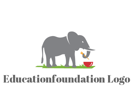 elephant holding chopsticks with grass and bowl