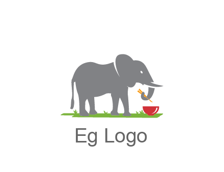 elephant holding chopsticks with grass and bowl