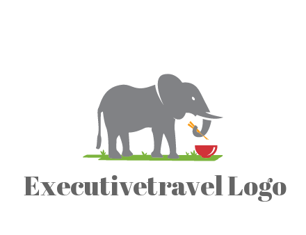 elephant holding chopsticks with grass and bowl