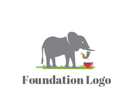 elephant holding chopsticks with grass and bowl