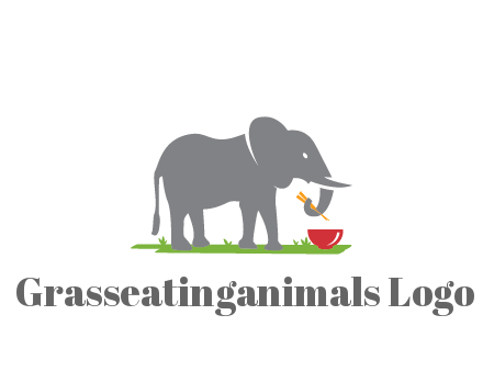 elephant holding chopsticks with grass and bowl