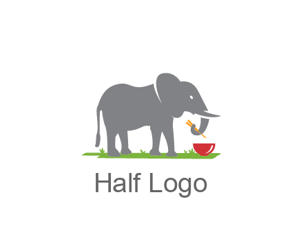 elephant holding chopsticks with grass and bowl