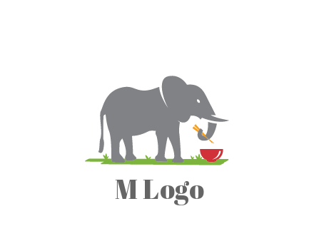 elephant holding chopsticks with grass and bowl