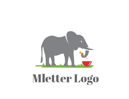 elephant holding chopsticks with grass and bowl