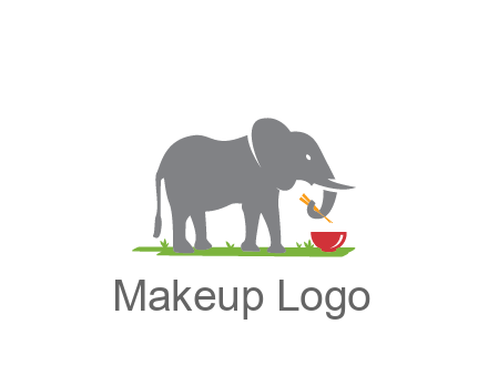 elephant holding chopsticks with grass and bowl