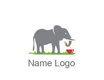 elephant holding chopsticks with grass and bowl
