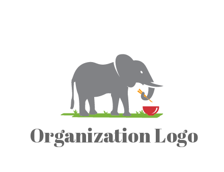 elephant holding chopsticks with grass and bowl