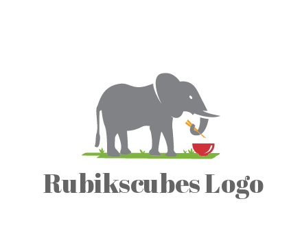 elephant holding chopsticks with grass and bowl