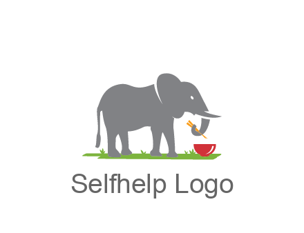 elephant holding chopsticks with grass and bowl