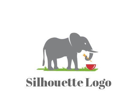 elephant holding chopsticks with grass and bowl