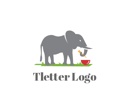 elephant holding chopsticks with grass and bowl