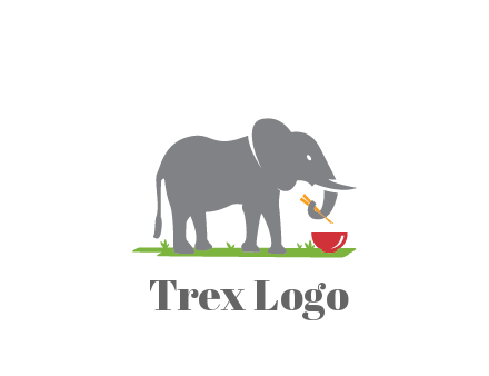 elephant holding chopsticks with grass and bowl
