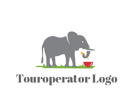 elephant holding chopsticks with grass and bowl