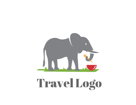 elephant holding chopsticks with grass and bowl