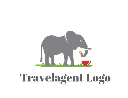 elephant holding chopsticks with grass and bowl