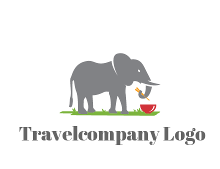elephant holding chopsticks with grass and bowl