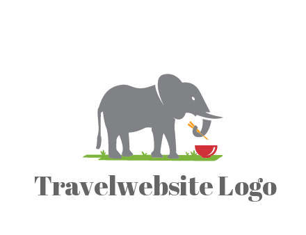 elephant holding chopsticks with grass and bowl
