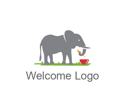 elephant holding chopsticks with grass and bowl