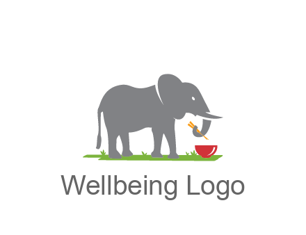 elephant holding chopsticks with grass and bowl