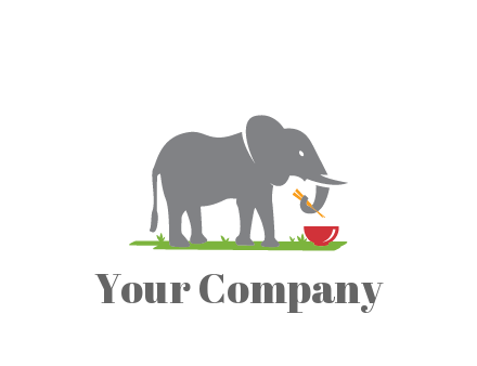 elephant holding chopsticks with grass and bowl