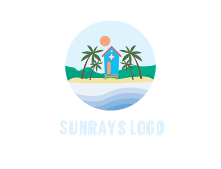 beach house with palm trees and sun in circle frame