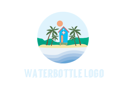 beach house with palm trees and sun in circle frame