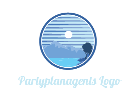 mountains with lake and moon in circle