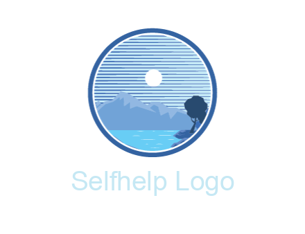 mountains with lake and moon in circle