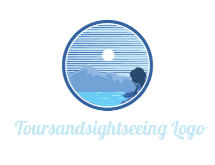 mountains with lake and moon in circle