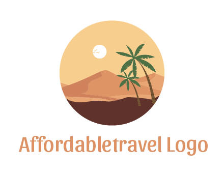 desert mountains with palm trees and sun in circle frame