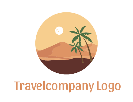 desert mountains with palm trees and sun in circle frame