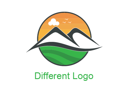 greenery in circle behind swooshes forming mountains