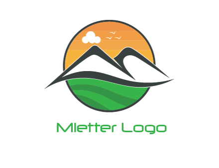greenery in circle behind swooshes forming mountains