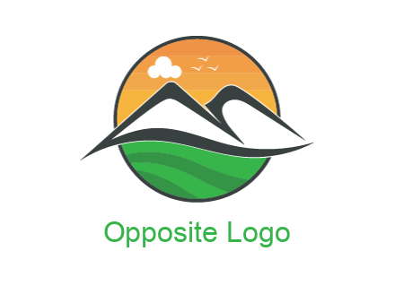 greenery in circle behind swooshes forming mountains