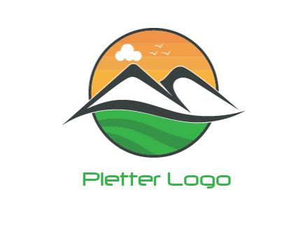 greenery in circle behind swooshes forming mountains