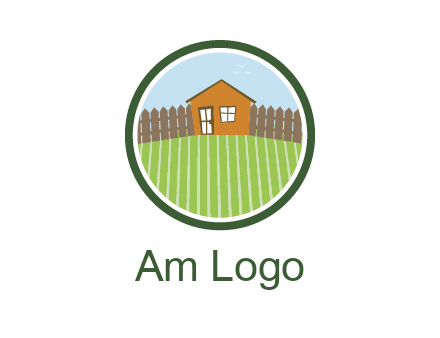 farmhouse with farm and fence in circle frame