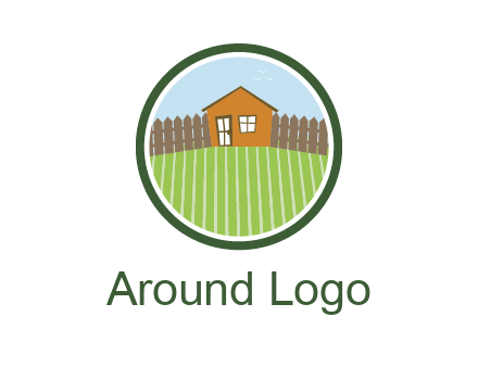 farmhouse with farm and fence in circle frame