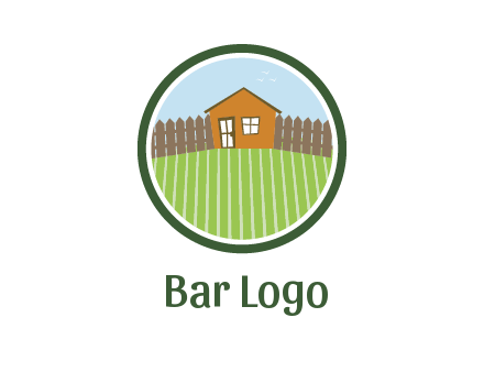 farmhouse with farm and fence in circle frame
