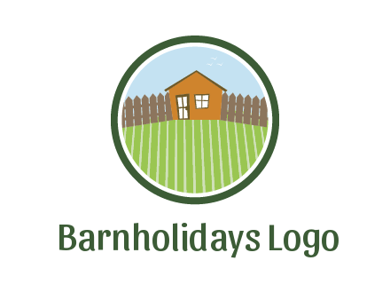 farmhouse with farm and fence in circle frame