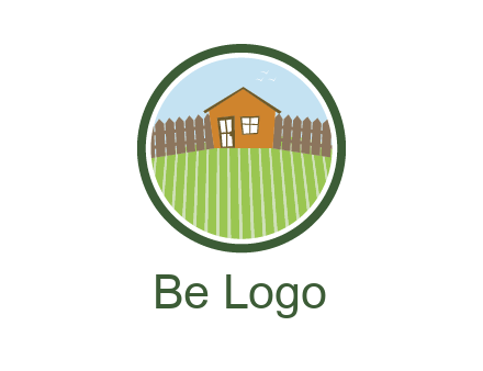 farmhouse with farm and fence in circle frame