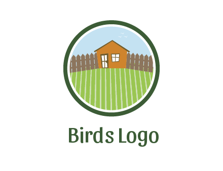 farmhouse with farm and fence in circle frame