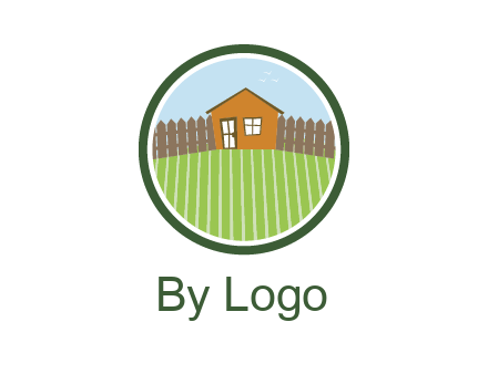 farmhouse with farm and fence in circle frame