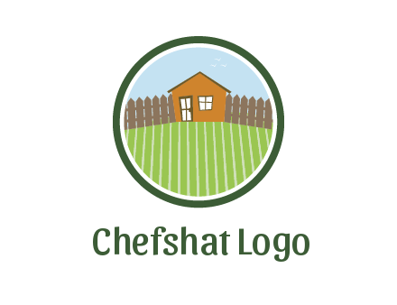 farmhouse with farm and fence in circle frame