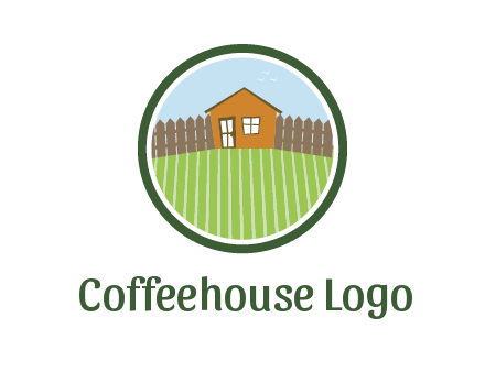 farmhouse with farm and fence in circle frame