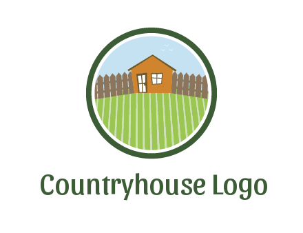 farmhouse with farm and fence in circle frame