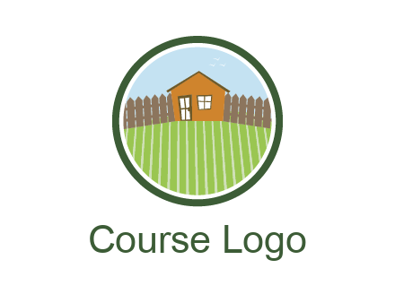 farmhouse with farm and fence in circle frame