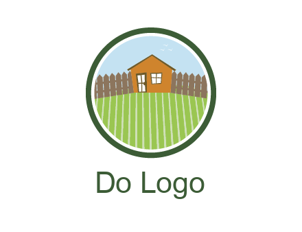 farmhouse with farm and fence in circle frame