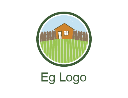 farmhouse with farm and fence in circle frame
