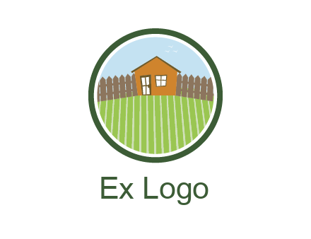 farmhouse with farm and fence in circle frame