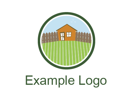 farmhouse with farm and fence in circle frame